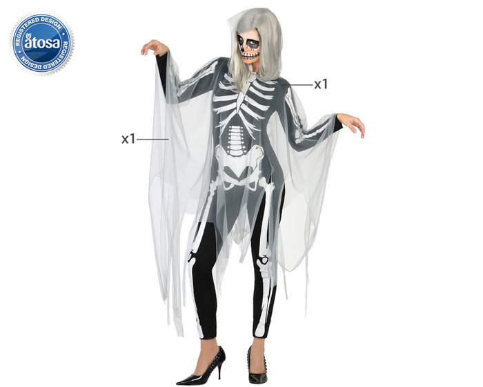 Disfraz Esqueleto Halloween para Mujer Adulto Talla XS-S, Mono con Gasa Translúcida Negra Disfraz Esqueleto Halloween para Mujer Adulto Talla XS-S, Mono con Gasa Translúcida Negra
