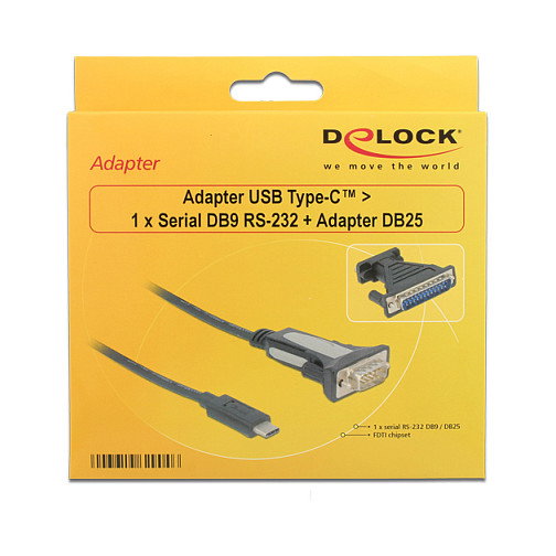 Delock Adaptador USB C a Serie DB9 9 Pin y DB25 25 Pin FTDI, Negro, 1.8 m
