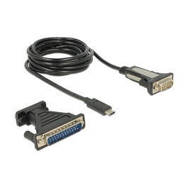 Delock Adaptador USB C a Serie DB9 9 Pin y DB25 25 Pin FTDI, Negro, 1.8 m