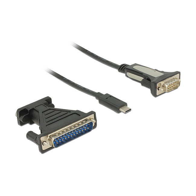 Delock Adaptador USB C a Serie DB9 9 Pin y DB25 25 Pin FTDI, Negro, 1.8 m