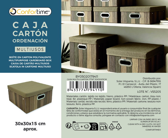 Inde Caja Multiu. Cartón T/Tnt 30 cm x 30 cm x 15 cm Confortime - Para almacenamiento y organización (12 Unidades)