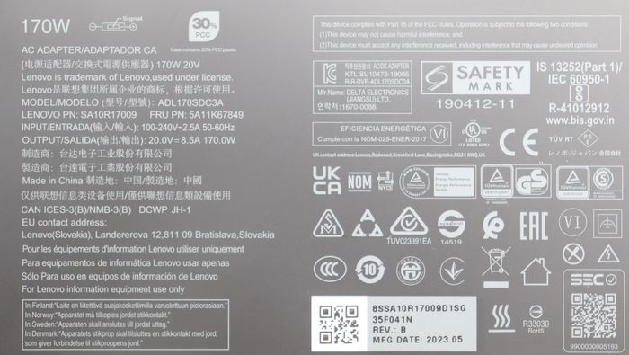 Lenovo Slim 170W Adaptador de Corriente AC, 20V Salida, 8.5A Corriente, Compatible con Estaciones de Trabajo Móviles Lenovo ThinkPad