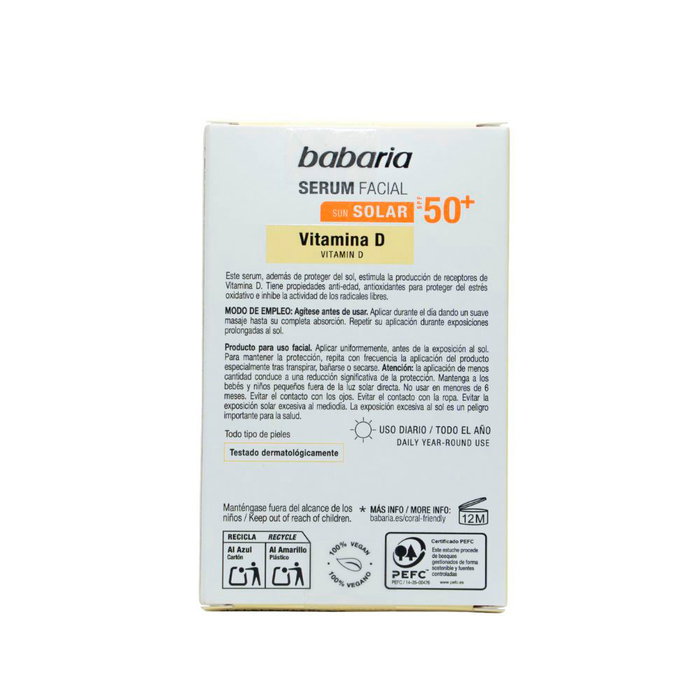 Babaria Serum Solar Facial Vitamina D SPF50+ Protector UVA UVB IR Luz Azul 30 ml Babaria Serum Solar Facial Vitamina D SPF50+ Protector UVA UVB IR Luz Azul 30 ml