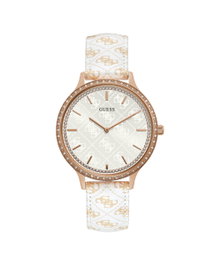 Guess W1229L3 con correa de cuero blanca y caja dorada