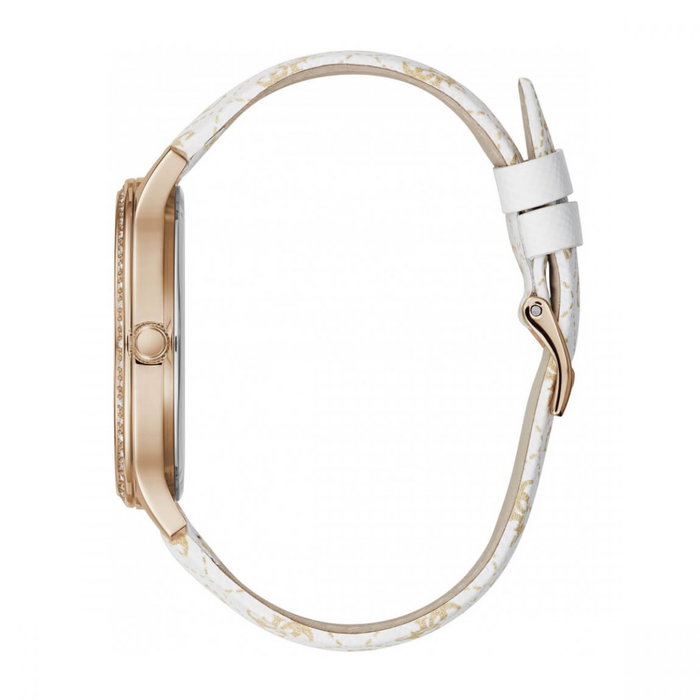 Guess W1229L3 con correa de cuero blanca y caja dorada