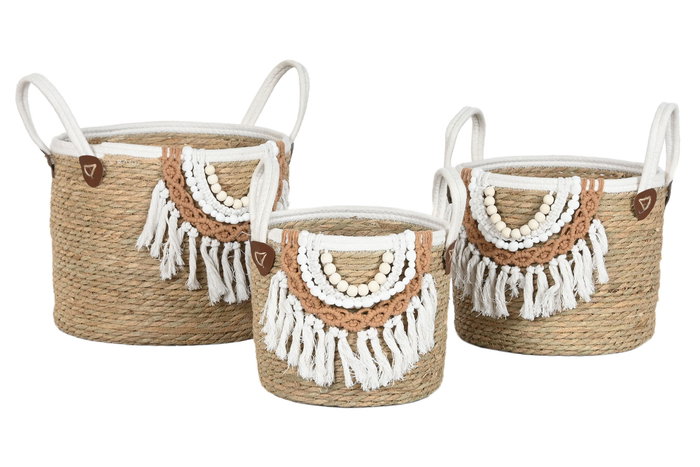 DKD Home Decor Set de 3 Cestas de Fibra y Algodón Natural y Blanco DKD Home Decor Set de 3 Cestas de Fibra y Algodón Natural y Blanco
