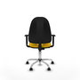 Silla de oficina Algarra con mecanismo Contacto permanente básico tapizada con Tela color Amarillo. Equipada con Base cromada, Brazos 1D y Ruedas autofrenantes