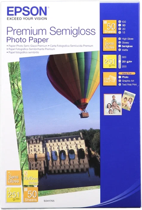 Epson Premium Semi-Gloss Photo Paper 10x15 cm, 50 hojas, Blanco