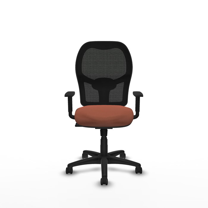 Silla de oficina Alocén con mecanismo Sincro tapizada con Tela color Marrón y malla color Negro. Equipada con lumbar 1D, Brazos 1D y Ruedas de parqué
