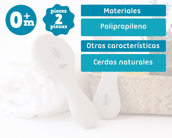 KioKids Set Peine y Cepillo Cerdas Naturales Gris para Bebé +0 Meses Colección Petits Moments