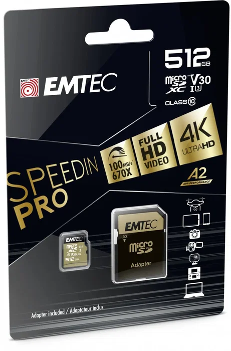 Emtec ECMSDM512GXC10SP Tarjeta de Memoria MicroSDXC 512 GB, Clase 10, UHS-I (U3/V30/A2), 100 MB/s Lectura, Negro/Dorado