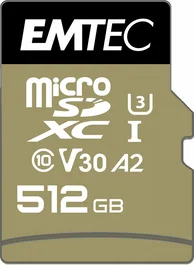 Emtec ECMSDM512GXC10SP Tarjeta de Memoria MicroSDXC 512 GB, Clase 10, UHS-I (U3/V30/A2), 100 MB/s Lectura, Negro/Dorado