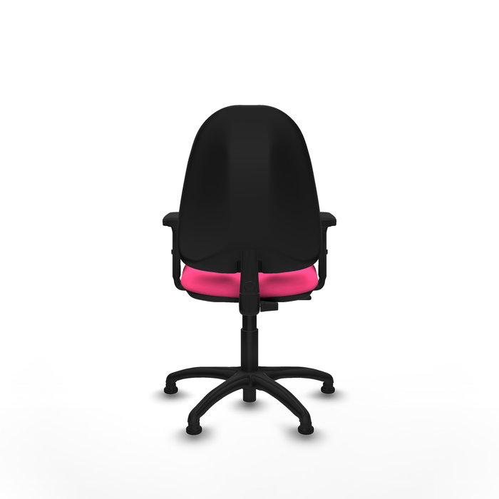 Silla de oficina Algarra con mecanismo Contacto permanente básico tapizada con Similpiel color Rosa. Equipada con Base poliamida negra, Brazos 2Dy Topes
