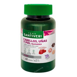 SANTIVERI Cabellos Uñas Piel 60 Gummies con Biotina, Vitaminas y Minerales para Piel, Cabello y Uñas. Sabor Frambuesa/Arándano.