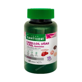 SANTIVERI Cabellos Uñas Piel 60 Gummies con Biotina y Vitaminas para Pelo, Uña y Dermis, Frambuesa y Arándano, Sin Azúcares, Vegano
