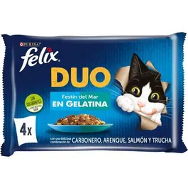 Purina Felix Fantastic Duo Festín del Mar, Comida Húmeda para Gato con Pescado en Gelatina, 12 Paquetes de 4 Sobres de 85g