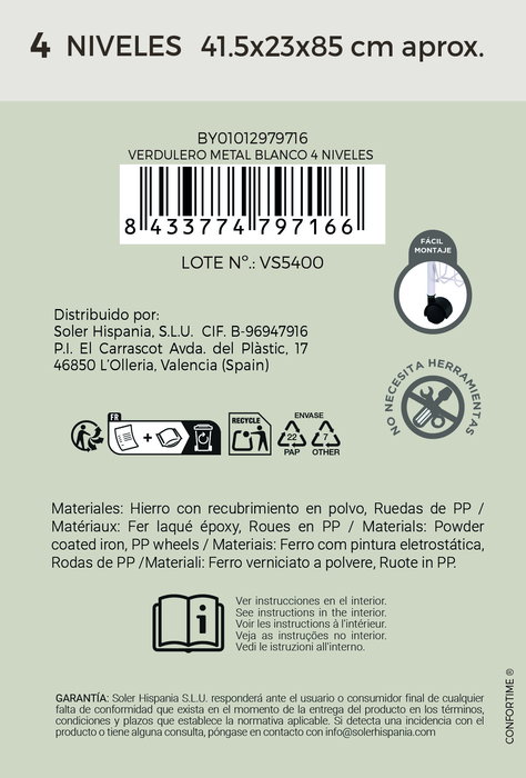 Inde Verdulero de Metal 4 Niveles Color Blanco - Dimensiones: 82 cm Largo x 24.2 cm Ancho x 6.2 cm Alto (6 Unidades)