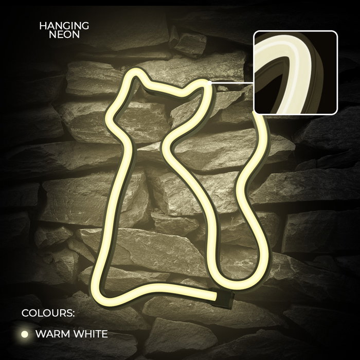 Forever Lámpara de Neón LED Gato, Luz Decorativa de Sobremesa, Blanco Cálido, Alimentación USB/Pilas, 2m Cable, Interruptor ON/OFF