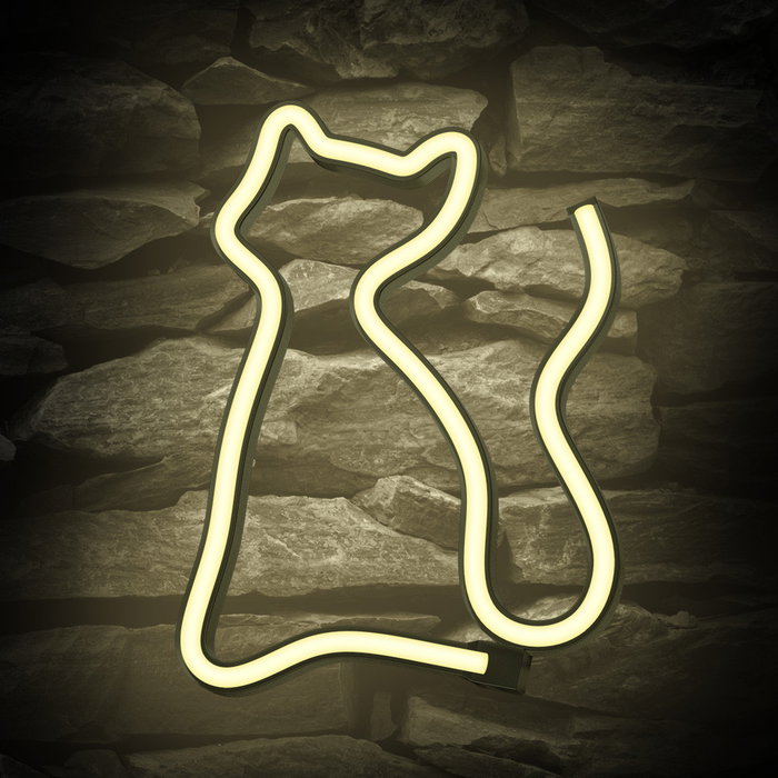 Forever Lámpara de Neón LED Gato, Luz Decorativa de Sobremesa, Blanco Cálido, Alimentación USB/Pilas, 2m Cable, Interruptor ON/OFF