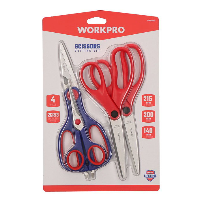 Workpro Juego de 4 Tijeras Multiuso con Hojas de Acero Inoxidable, Agarre Cómodo, Azul y Rojo