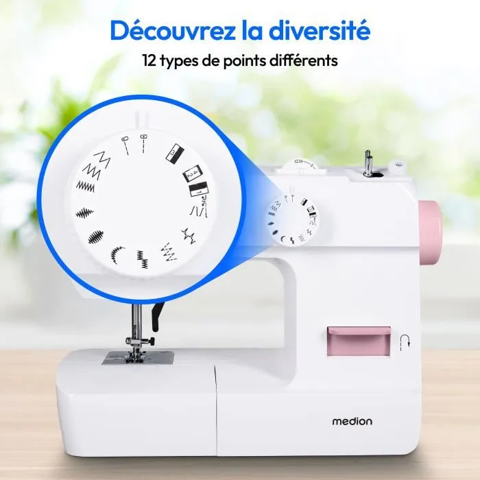 Medion MED4061275230468 Máquina de Coser 71W con 12 Puntadas, 700 rpm, Luz LED, Rosa