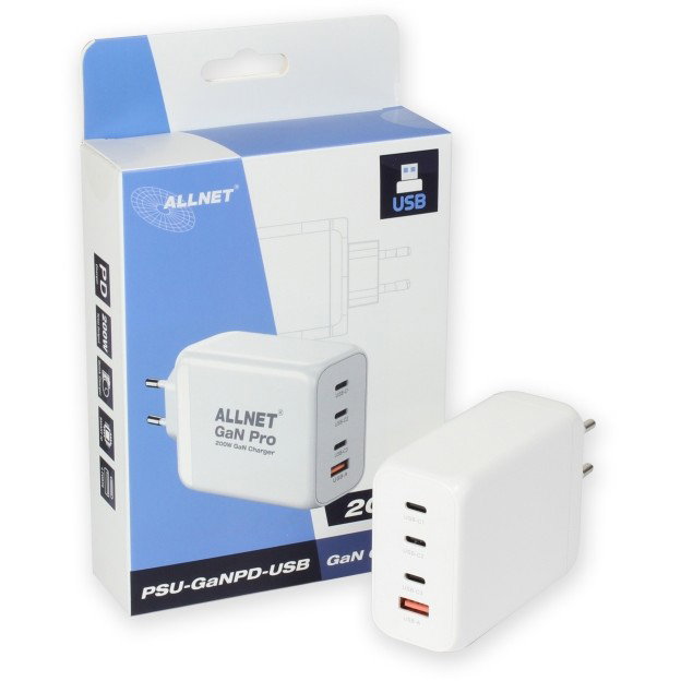ALLNET Cargador Rápido QC USB-C PD GaN 200W 1x USB-A QC 3x USB-C Enchufe EU ALLNET Cargador Rápido QC USB-C PD GaN 200W 1x USB-A QC 3x USB-C Enchufe EU
