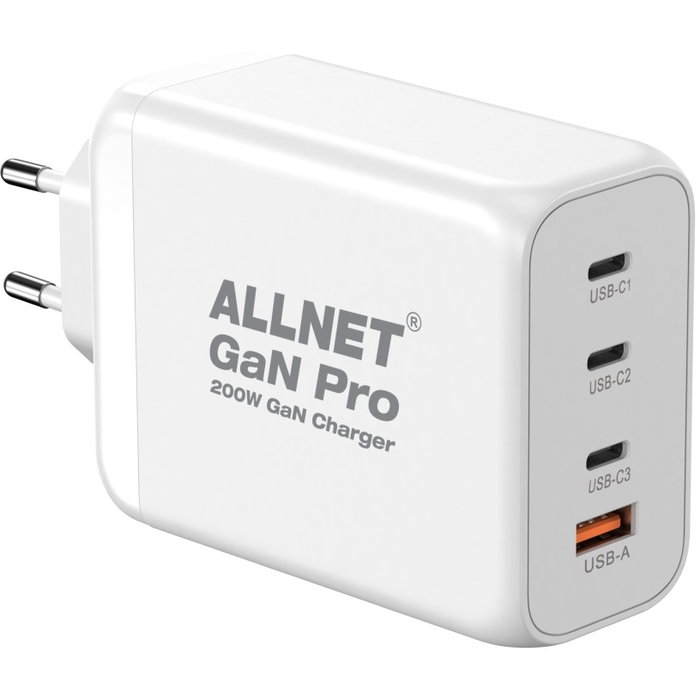 ALLNET Cargador de red GaN 200W con 1x USB-A QC y 3x USB-C PD, EU PLUG ALLNET Cargador de red GaN 200W con 1x USB-A QC y 3x USB-C PD, EU PLUG