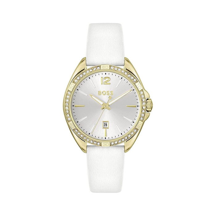 Boss Reloj para mujer 1502619 con caja dorada y correa blanca