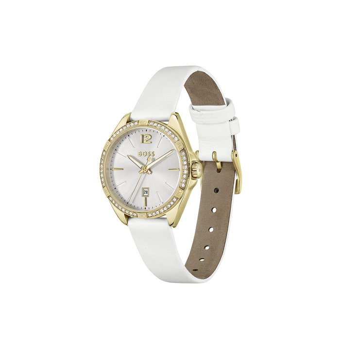 Boss Reloj para mujer 1502619 con caja dorada y correa blanca