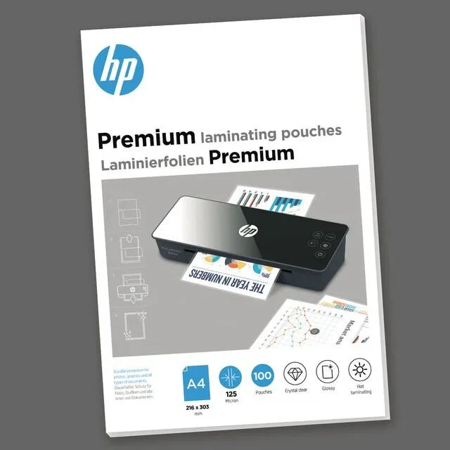 HP 9124 Bolsas de Laminación Premium Térmicas A4 (216x303 mm) 125 Micras / 0.08 mm - Transparentes y Brillantes - Paquete de 100 Unidades