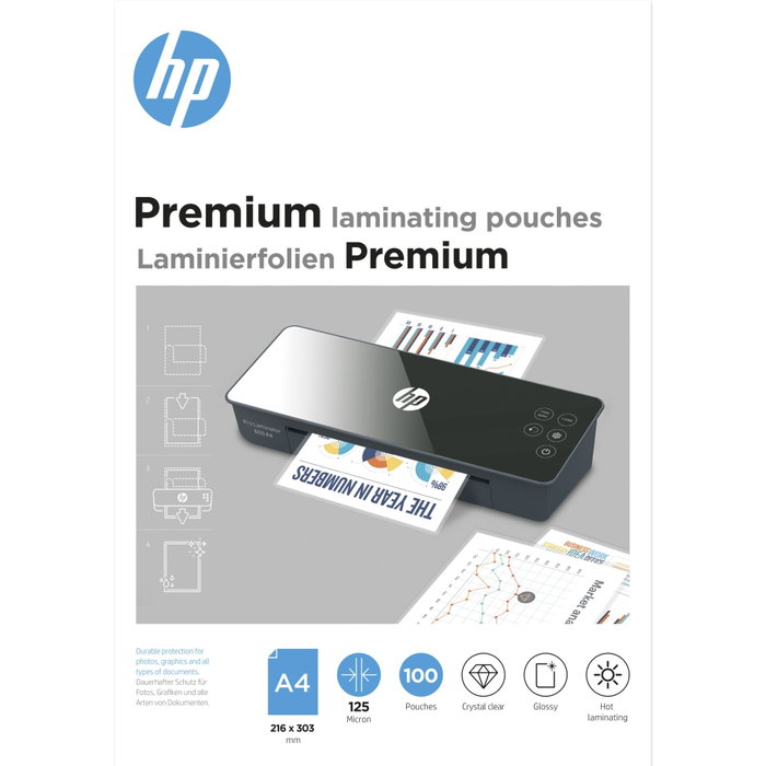 HP Bolsas Plastificadoras Premium A4 125 micras, 100 piezas HP Bolsas Plastificadoras Premium A4 125 micras, 100 piezas