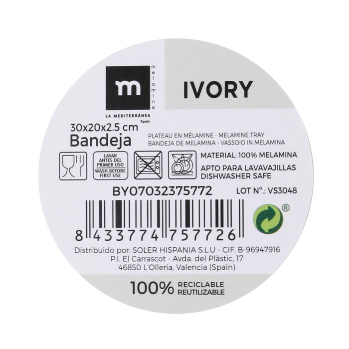 La Mediterranea Bandeja Melamina Ivory 30 cm x 20 cm x 2.5 cm (12 Unidades)