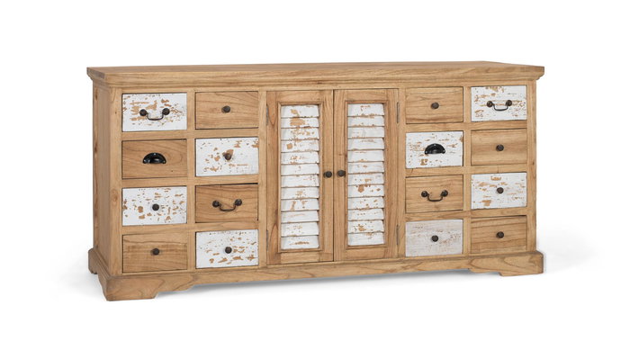 Giner y Colomer Aparador Rustico Madera Maciza Mindi 12 Cajones 2 Puertas Blanco Envejecido