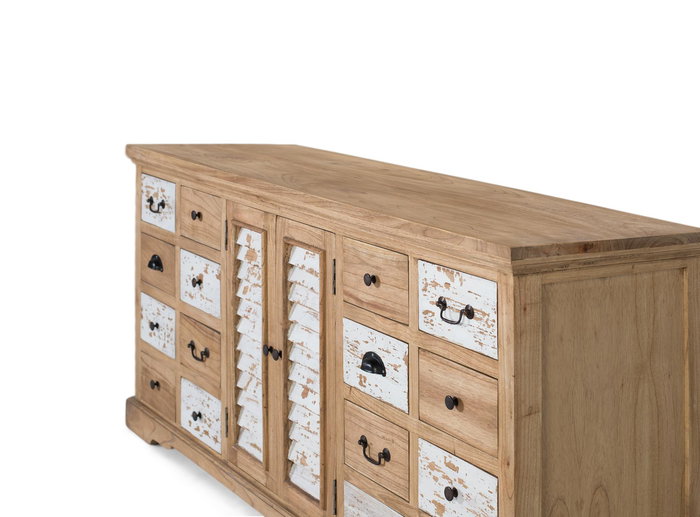 Giner y Colomer Aparador Rustico Madera Maciza Mindi 12 Cajones 2 Puertas Blanco Envejecido