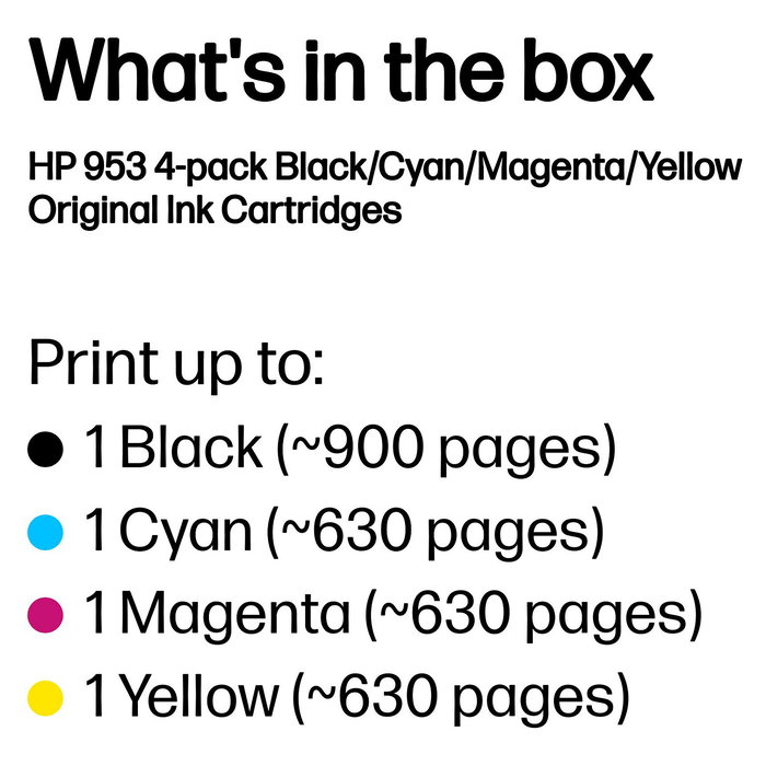 HP Pack 4 Cartuchos de Tinta Original 953 CMYK (Negro, Cian, Magenta, Amarillo) - 900 y 630 Páginas - Tinta a Base de Pigmentos