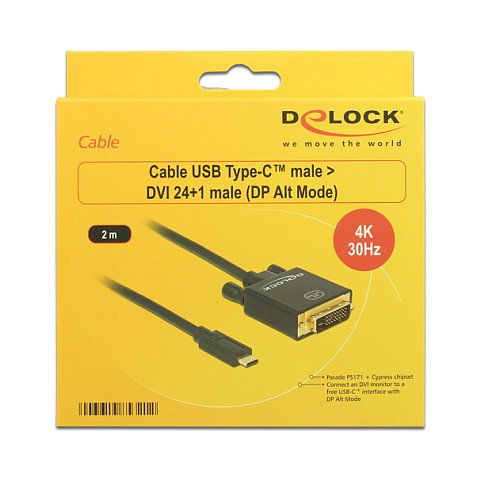 DeLOCK Cable USB-C a DVI (ST-ST) 24+1 2m, Soporta 4K 30Hz, Color Negro - Ref: PS171 + Cypressf