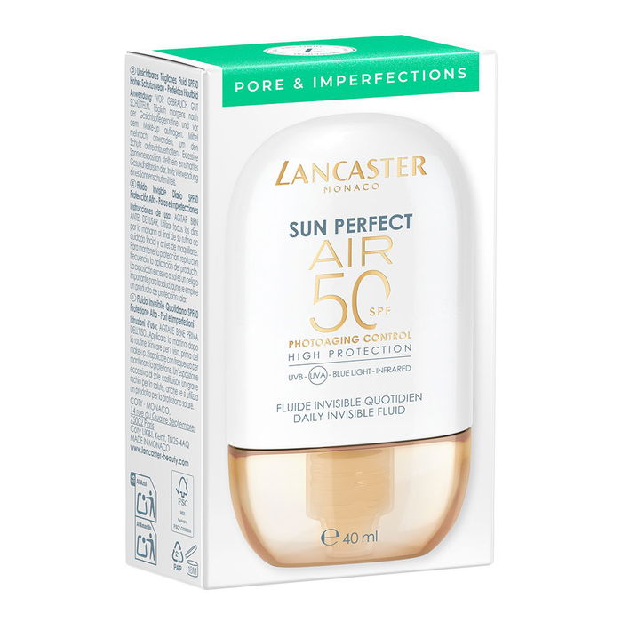 LANCASTER Sun Perfect Air Pores Fluido Invisible Facial Diario SPF50 40 ml - Protección Solar UV, Piel Radiante, Control de Poros y Brillo