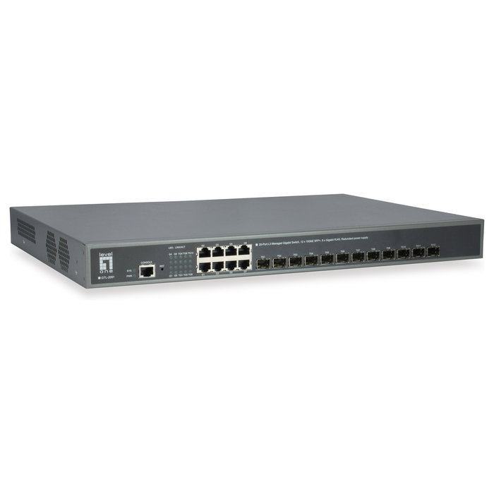 LevelOne GTL-2091 Switch L3 Administrado 8 Puertos Gigabit + 12 Ranuras SFP+ 10G Montaje en Rack 19" - Conmutación 256 Gbit/s, QoS, VLAN