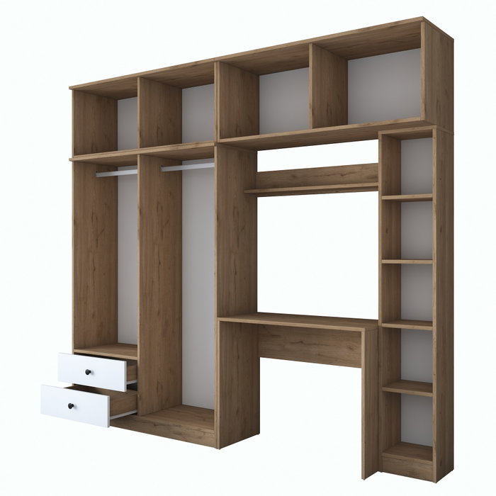Hanah Home BA122 - 2697 Juego de Dormitorio Estudio Nogal y Blanco Tablero Partículas Melamina 240x216.8x42.5 cm