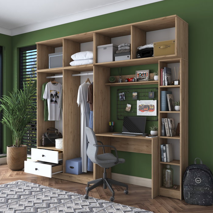 Hanah Home BA122 - 2697 Juego de Dormitorio Estudio Nogal y Blanco Tablero Partículas Melamina 240x216.8x42.5 cm