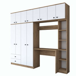 Hanah Home BA122 - 2697 Juego de Dormitorio Estudio Nogal y Blanco Tablero Partículas Melamina 240x216.8x42.5 cm
