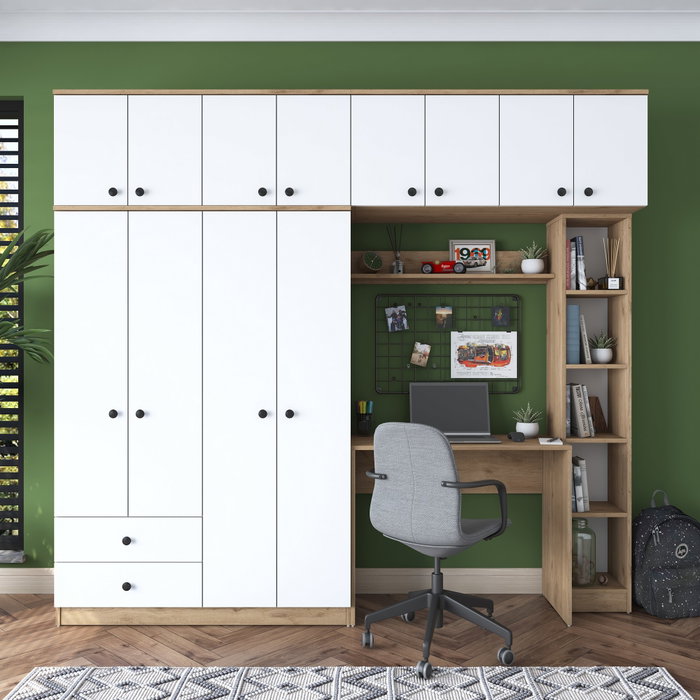 Hanah Home BA122 - 2697 Juego de Dormitorio Estudio Nogal y Blanco Tablero Partículas Melamina 240x216.8x42.5 cm