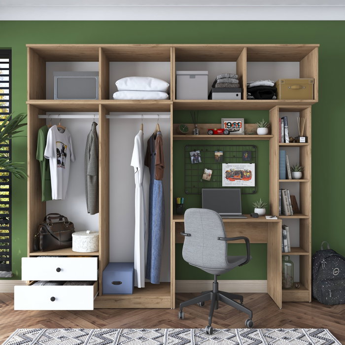 Hanah Home BA122 - 2697 Juego de Dormitorio Estudio Nogal y Blanco Tablero Partículas Melamina 240x216.8x42.5 cm