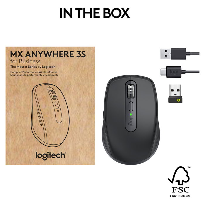 Logitech 910-006958 MX Anywhere 3S para Business Ratón Inalámbrico Grafito - Bluetooth/RF, 8000 DPI, Recargable, 6 Botones, Para Mano Derecha