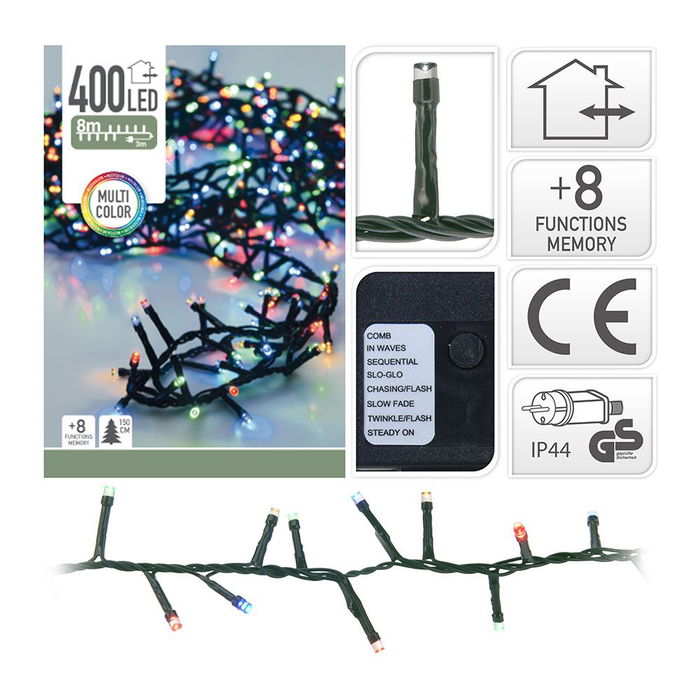 Null Guirnalda LED tipo espino exterior IP44, 400 LEDs multicolor, 11m, 8 funciones con programador y memoria, cable verde, transformador incluido