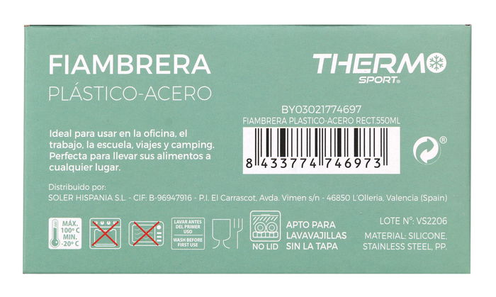 Thermosport Fiambrera Plástico-Acero Rectangular 550 Ml 22,2x13,9x8 Cm (6 Unidades)