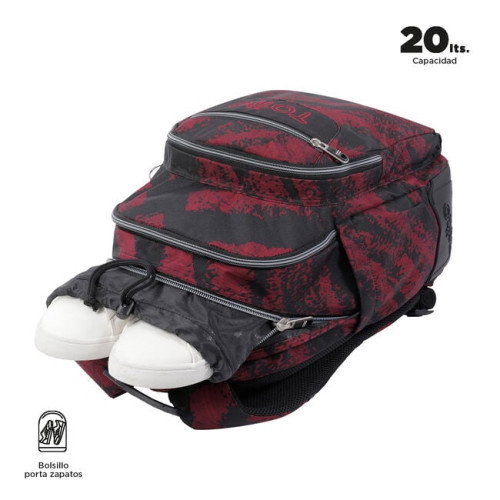 Totto Mochila Escolar Crayones MA04ECO029-2310N-5C5 Tiza Roja 20 Litros con Neceser y Bolsa para Calzado