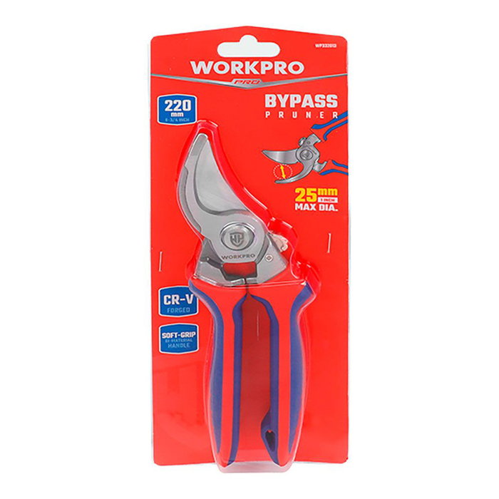 Workpro Tijeras de Poda Bypass CR-V, Corte Máx Ø25 mm 220 mm, para Poda de Crecimiento Verde y Vivo, Acero Cromo-Vanadio