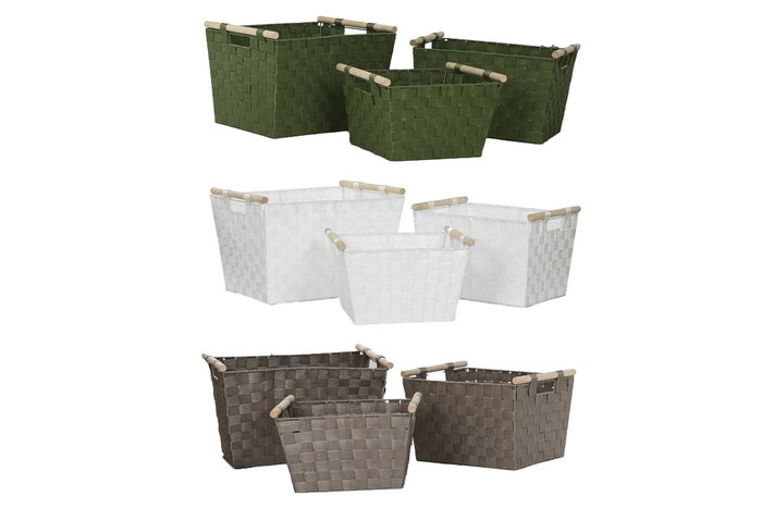 DKD Home Decor Set de 3 Cestos de Almacenaje Brillantes en Polipropileno y Madera