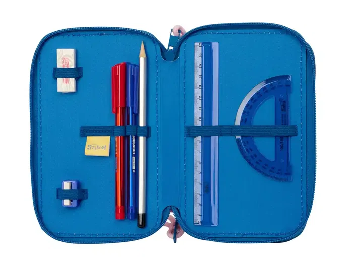 SAFTA Plumier Escolar Stitch Lilo Triple Cremallera, 3 Compartimentos con Cremallera, 37 Piezas, 195x125x55 mm